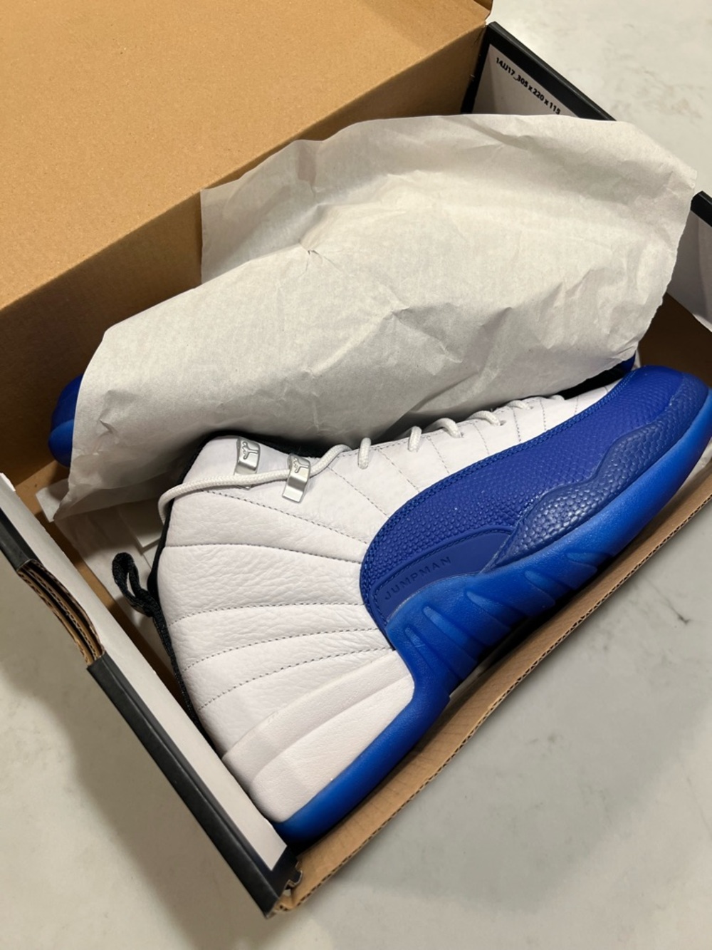 Jordan White and Royal Blue Retro 12 Sneakers - Picture 2 of 13